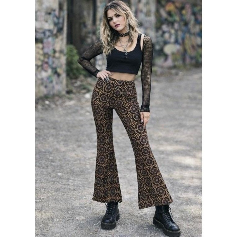 VTG Mercury Y2K Flare Pants Womens Size S Brown Boho Medallion Bell Bottoms